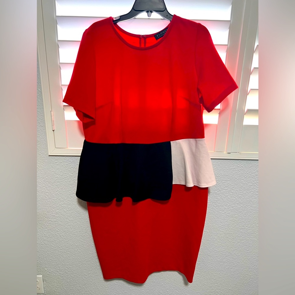 EUC Eloquii Size 16 Asymmetrical Peplum Red/Black/White Dress